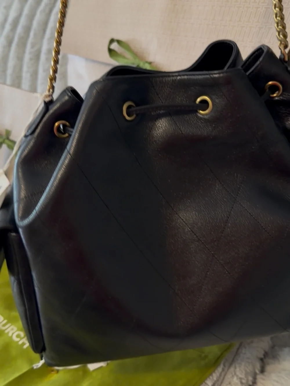 Tory Burch Charlie Quilted Leather Drawstring Shoulder Bag with Gold Chain